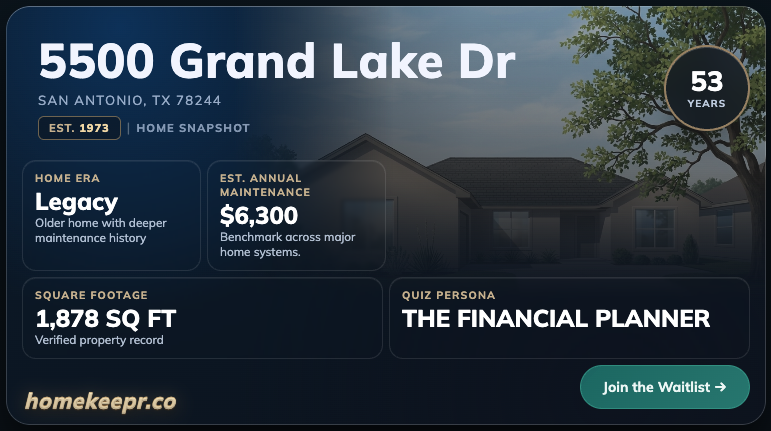 Example home snapshot card showing address, home era, maintenance estimate, and homeowner persona