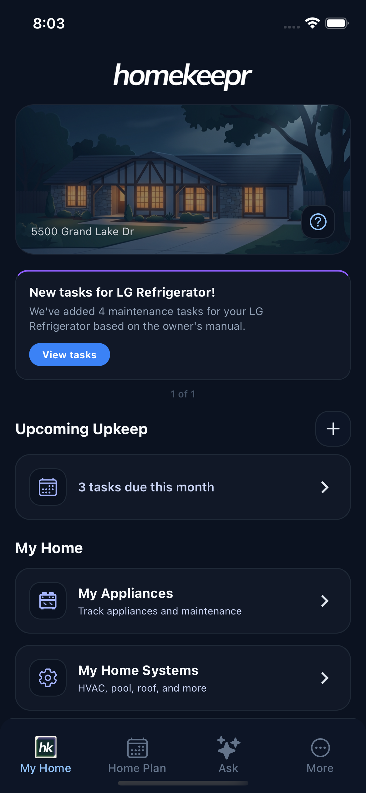 Homekeepr home screen showing a blizzard warning and property-specific generator and HVAC preparation guidance