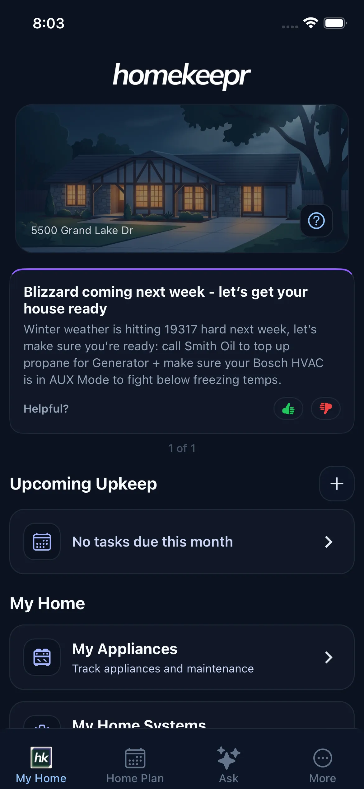 Homekeepr app home screen